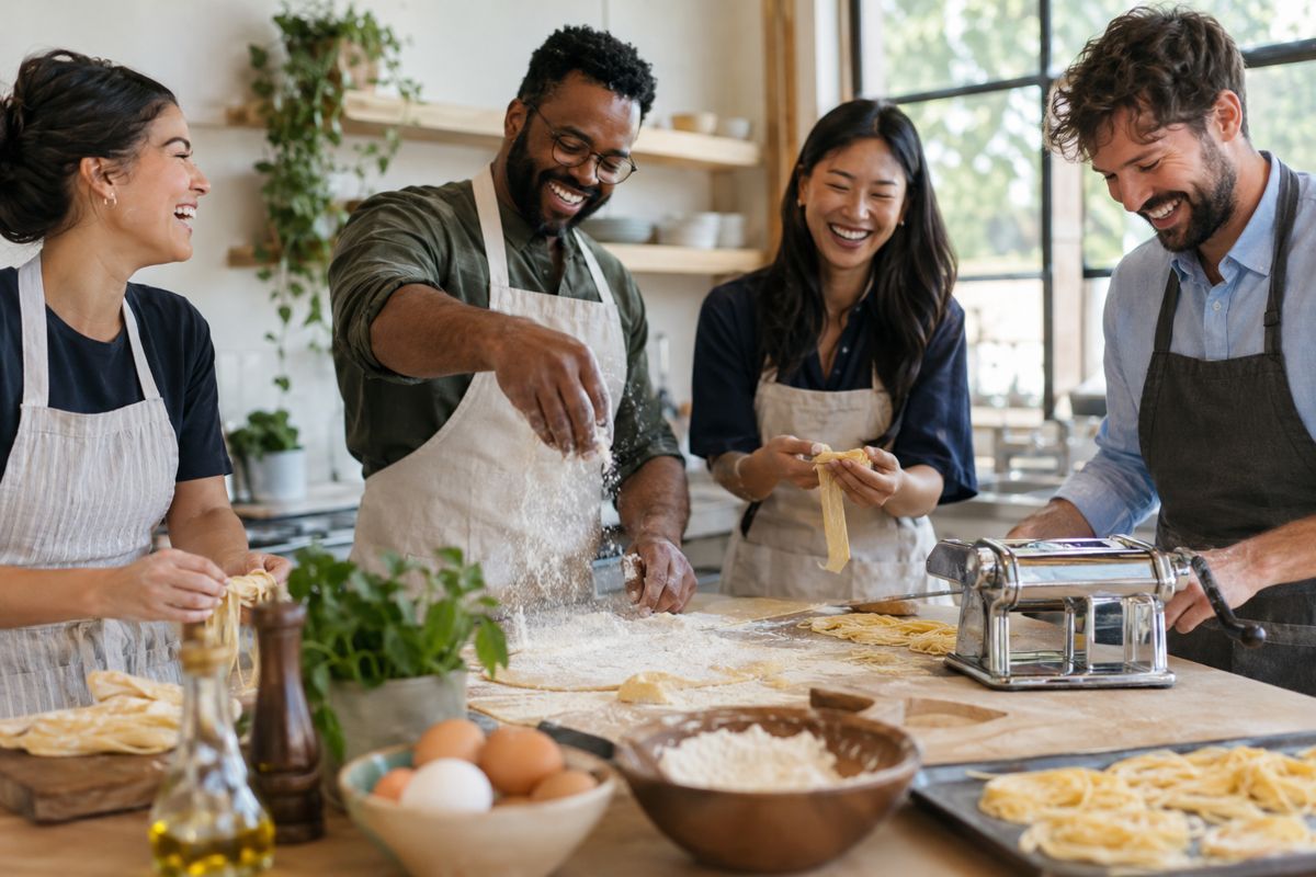 Coworkers making pasta together at a team cooking class