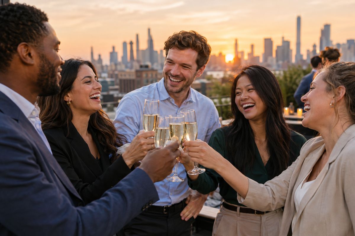 Coworkers toasting at an after-work rooftop social